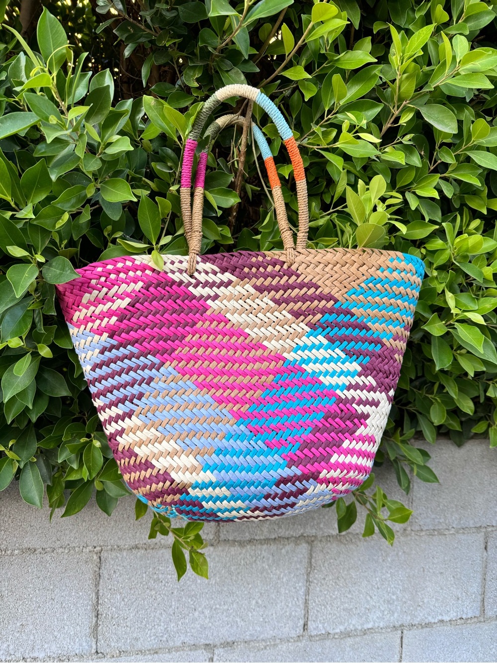Hat Attack Jada Multicolor Woven Straw Tote - Pink, Blue & Tan